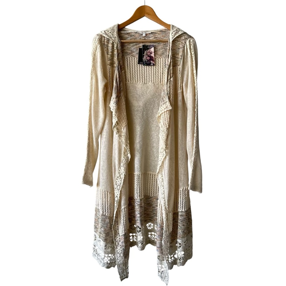 Miss Me Pointelle & Crochet Hooded Cardigan Sweater Medium NWT